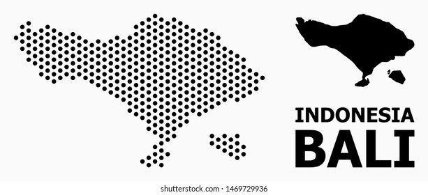 Pixelated map of Bali Island composition and solid illustration. Vector map of Bali Island composition of round spots with hexagonal periodic array on a white background.