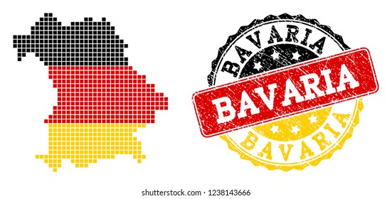 Pixelated map of Bavaria State and stamp seal. Dotted map of Bavaria State has German flag colors. Vector rubber watermark has official colors of Germany flag. Designed for political posters.