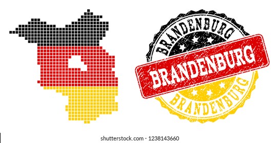 Pixelated map of Brandenburg State and stamp seal. Dotted map of Brandenburg State has German flag colors. Vector rubber watermark has official colors of Germany flag. Designed for patriotic purposes.