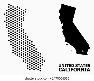Pixelated map of California composition and solid illustration. Vector map of California composition of round dots with hexagonal geometric order on a white background.