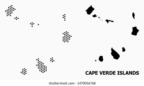 Pixelated map of Cape Verde Islands composition and solid illustration. Vector map of Cape Verde Islands composition of circle elements with hexagonal periodic pattern on a white background.
