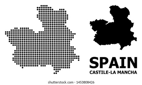 Pixelated map of Castile-La Mancha Province composition and solid illustration. Vector map of Castile-La Mancha Province composition of circle dots on a white background.