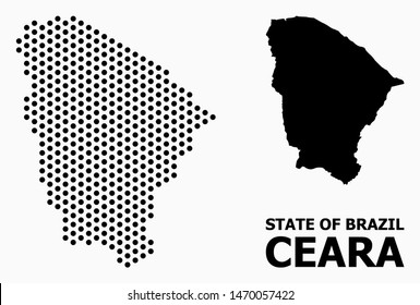 Pixelated map of Ceara state composition and solid illustration. Vector map of Ceara state composition of round points with honeycomb periodic array on a white background.