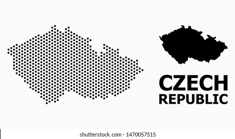 Pixelated map of Czech Republic composition and solid illustration. Vector map of Czech Republic composition of circle elements with honeycomb geometric order on a white background.