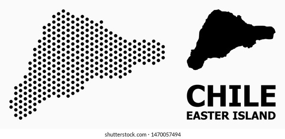 Pixelated map of Easter Island composition and solid illustration. Vector map of Easter Island composition of sphere dots with hexagonal periodic pattern on a white background.