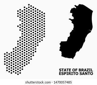 Pixelated map of Espirito Santo State composition and solid illustration. Vector map of Espirito Santo State composition of sphere spots with hexagonal geometric pattern on a white background.