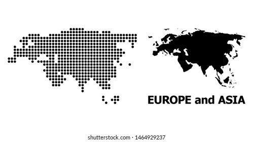 Pixelated map of Europe and Asia composition and solid illustration. Vector map of Europe and Asia composition of circle pixels on a white background.