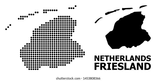 Pixelated map of Friesland Province composition and solid illustration. Vector map of Friesland Province composition of round items on a white background.