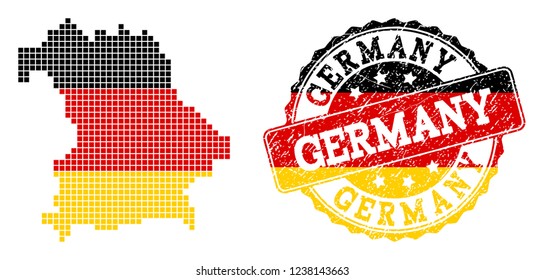 Pixelated map of Germany and stamp seal. Dotted map of Germany has German flag colors. Vector rubber watermark has official colors of Germany flag. Designed for political posters.