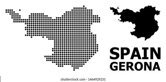 Pixelated map of Gerona Province composition and solid illustration. Vector map of Gerona Province composition of sphere elements on a white background.