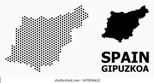 Pixelated map of Gipuzkoa Province composition and solid illustration. Vector map of Gipuzkoa Province composition of spheric points with honeycomb geometric pattern on a white background.