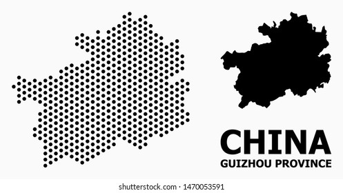 Pixelated map of Guizhou Province composition and solid illustration. Vector map of Guizhou Province composition of spheric items with honeycomb geometric pattern on a white background.