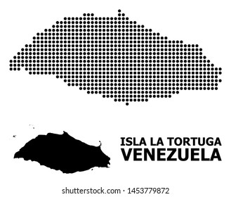 Pixelated map of Isla La Tortuga composition and solid illustration. Vector map of Isla La Tortuga composition of sphere points on a white background.