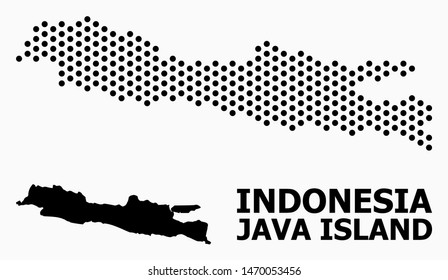 Pixelated map of Java Island composition and solid illustration. Vector map of Java Island composition of spheric pixels with hexagonal geometric array on a white background.