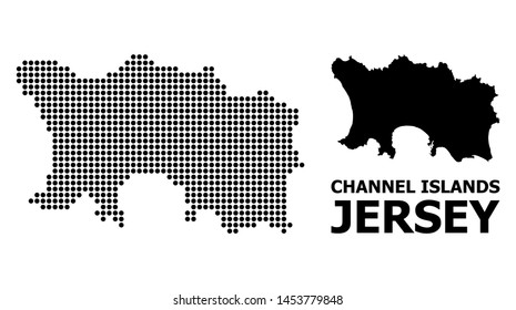 Pixelated map of Jersey Island composition and solid illustration. Vector map of Jersey Island composition of sphere dots on a white background. Abstract flat geographic plan for education templates.