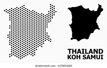 Pixelated map of Koh Samui composition and solid illustration. Vector map of Koh Samui composition of circle pixels with hexagonal periodic order on a white background.