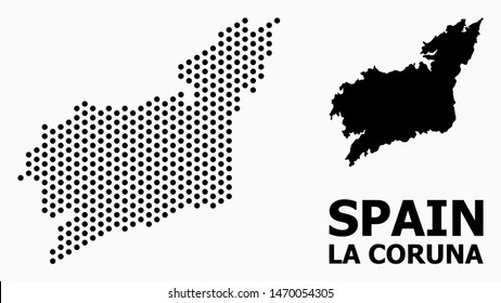 Pixelated map of La Coruna Province composition and solid illustration. Vector map of La Coruna Province composition of sphere points with honeycomb geometric order on a white background.