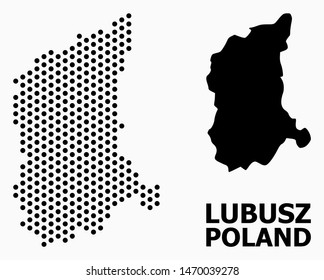 Pixelated map of Lubusz Province composition and solid illustration. Vector map of Lubusz Province composition of spheric pixels with honeycomb periodic array on a white background.