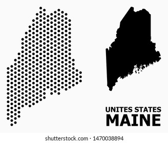 Pixelated map of Maine State composition and solid illustration. Vector map of Maine State composition of circle items with hexagonal periodic pattern on a white background.