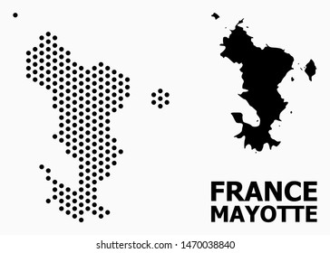 Pixelated map of Mayotte Islands composition and solid illustration. Vector map of Mayotte Islands composition of spheric items with honeycomb periodic array on a white background.