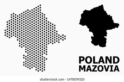 Pixelated map of Mazovia Province composition and solid illustration. Vector map of Mazovia Province composition of round items with hexagonal periodic pattern on a white background.