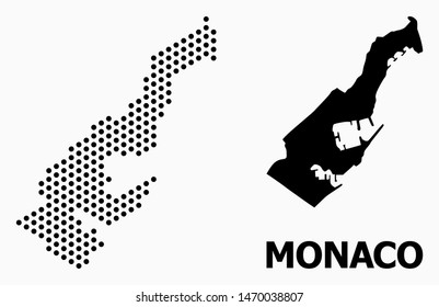 Pixelated map of Monaco mosaic and solid illustration. Vector map of Monaco composition of spheric points with hexagonal periodic array on a white background.