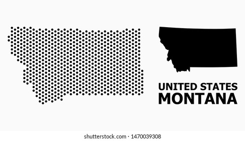 Pixelated map of Montana State mosaic and solid illustration. Vector map of Montana State combination of sphere elements with hexagonal geometric array on a white background.