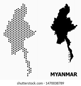 Pixelated map of Myanmar composition and solid illustration. Vector map of Myanmar composition of round elements with hexagonal periodic array on a white background.