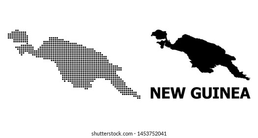 Pixelated map of New Guinea Island composition and solid illustration. Vector map of New Guinea Island composition of sphere items on a white background.