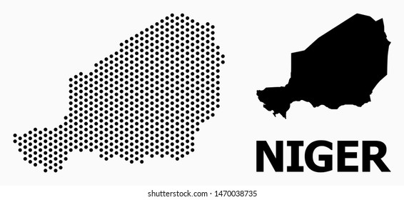 Pixelated map of Niger composition and solid illustration. Vector map of Niger composition of spheric points with hexagonal periodic order on a white background.