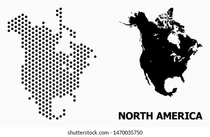 Pixelated map of North America composition and solid illustration. Vector map of North America composition of spheric elements with hexagonal geometric order on a white background.