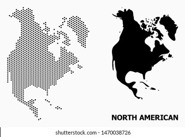 Pixelated map of North America composition and solid illustration. Vector map of North America composition of round items with honeycomb periodic order on a white background.