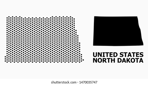 Pixelated map of North Dakota State composition and solid illustration. Vector map of North Dakota State composition of circle elements with hexagonal geometric array on a white background.