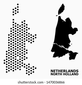 Pixelated map of North Holland composition and solid illustration. Vector map of North Holland composition of round spots with honeycomb geometric order on a white background.
