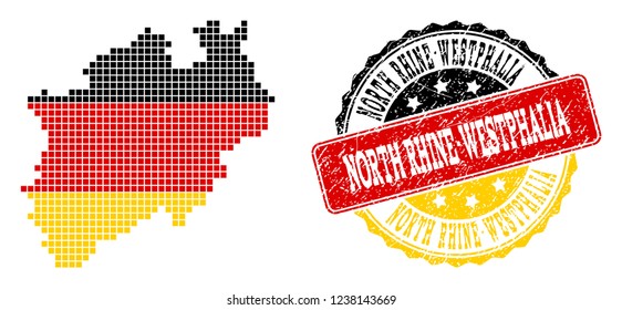 Pixelated map of North Rhine-Westphalia State and stamp seal. Dotted map of North Rhine-Westphalia State has German flag colors. Vector rubber watermark has official colors of Germany flag.