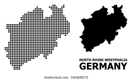 Pixelated map of North Rhine-Westphalia State composition and solid illustration. Vector map of North Rhine-Westphalia State composition of round spots on a white background.