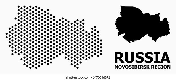 Pixelated map of Novosibirsk Region composition and solid illustration. Vector map of Novosibirsk Region composition of sphere spots with hexagonal geometric pattern on a white background.