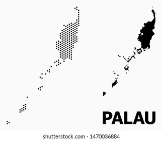 Pixelated map of Palau Islands collage and solid illustration. Vector map of Palau Islands composition of circle elements with hexagonal periodic pattern on a white background.