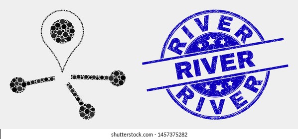 Pixelated map pointer links mosaic icon and River seal stamp. Blue vector rounded grunge seal stamp with River text. Vector composition in flat style.