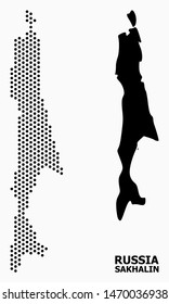Pixelated map of Sakhalin Island composition and solid illustration. Vector map of Sakhalin Island composition of spheric spots with honeycomb geometric pattern on a white background.
