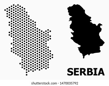 Pixelated map of Serbia composition and solid illustration. Vector map of Serbia composition of round items with honeycomb geometric array on a white background.