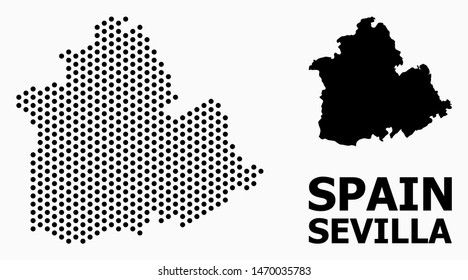 Pixelated map of Sevilla Province composition and solid illustration. Vector map of Sevilla Province composition of round spots with hexagonal periodic array on a white background.