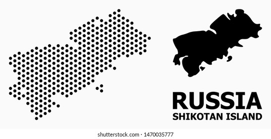 Pixelated map of Shikotan Island composition and solid illustration. Vector map of Shikotan Island composition of round dots with honeycomb periodic order on a white background.