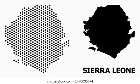 Pixelated map of Sierra Leone composition and solid illustration. Vector map of Sierra Leone composition of spheric points with honeycomb periodic array on a white background.