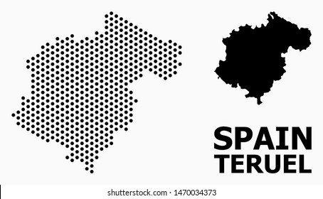 Pixelated map of Teruel Province composition and solid illustration. Vector map of Teruel Province composition of circle points with honeycomb periodic order on a white background.