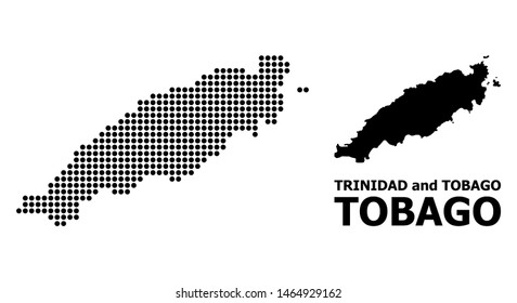 Pixelated map of Tobago Island composition and solid illustration. Vector map of Tobago Island composition of round dots on a white background.