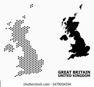Pixelated map of United Kingdom composition and solid illustration. Vector map of United Kingdom composition of circle dots with honeycomb periodic array on a white background.
