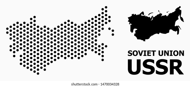 Pixelated map of USSR composition and solid illustration. Vector map of USSR composition of round items with hexagonal periodic pattern on a white background.