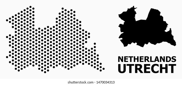 Pixelated map of Utrecht Province composition and solid illustration. Vector map of Utrecht Province composition of sphere dots with honeycomb periodic array on a white background.