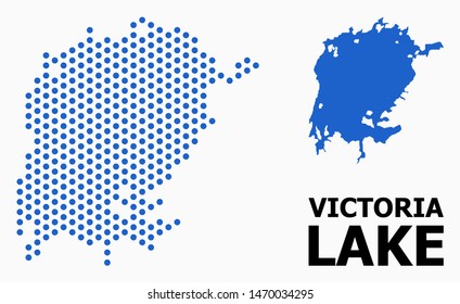 Pixelated map of Victoria Lake composition and solid illustration. Vector map of Victoria Lake composition of sphere spots with hexagonal geometric array on a white background.